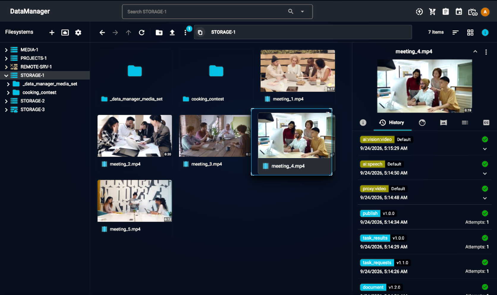 DataManager AI Web Interface showing multi-tier storage catalog and video AI inspector